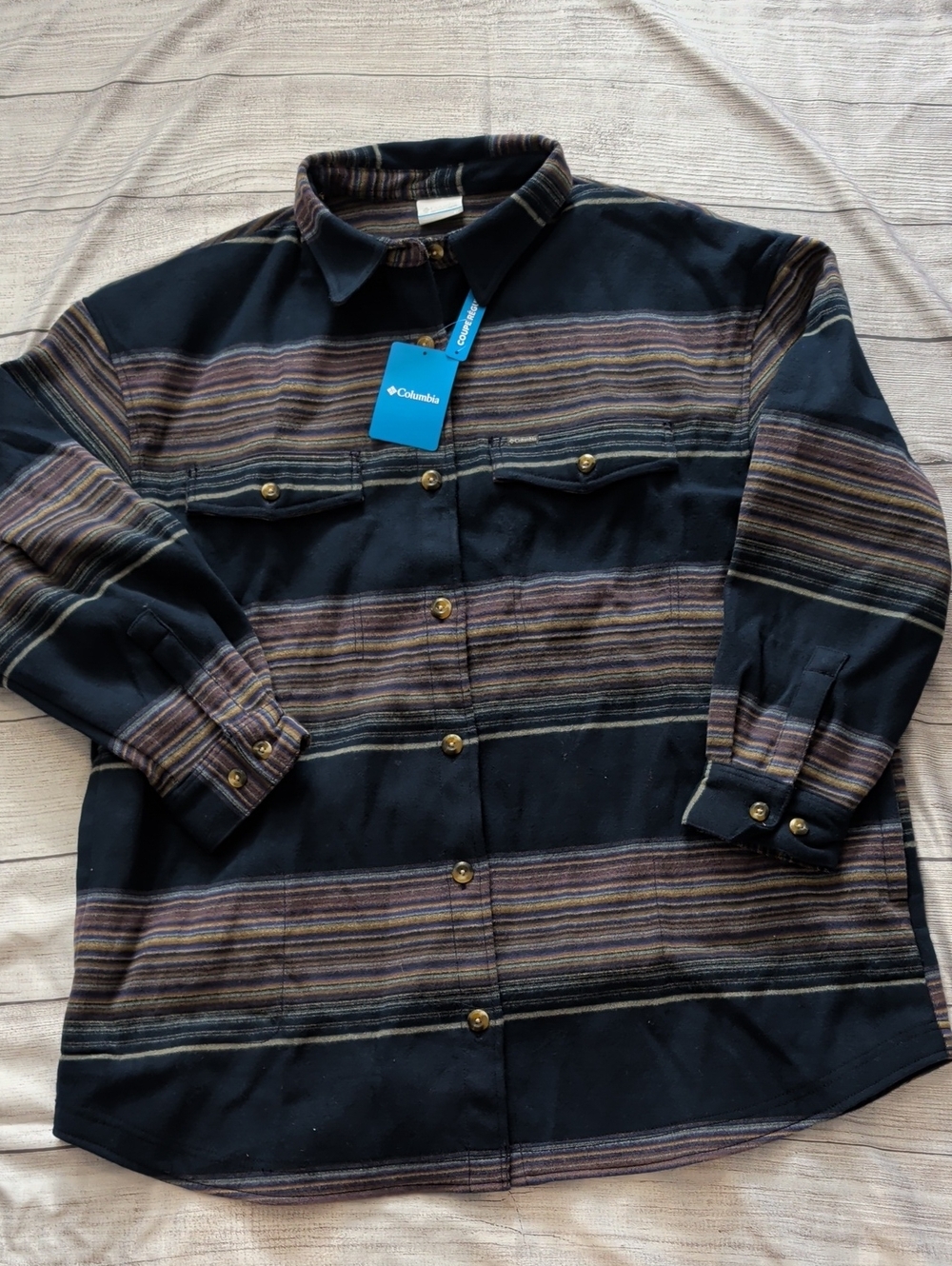 Columbia Black Button-Down Shirt with Brown and Gray Stripes